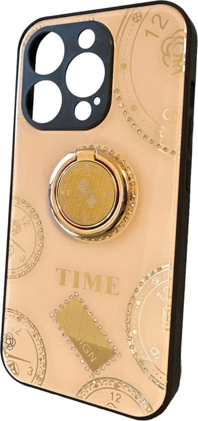 Schattig Klokontwerp met steentjes - Achterkant Hoesje Geschikt voor: iPhone 15 Pro Max - Vrouwelijk Ringhoesje - Rosegoud