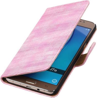 Roze Mini Slang booktype cover hoesje voor Samsung Galaxy J7 2016