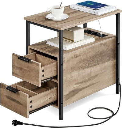 Furnstar Bijzettafel - nachtkastje met stekkerdoos - 2 laden - banktafel - nachtkastje voor woonkamer - slaapkamer - camelbruin-inktzwart
