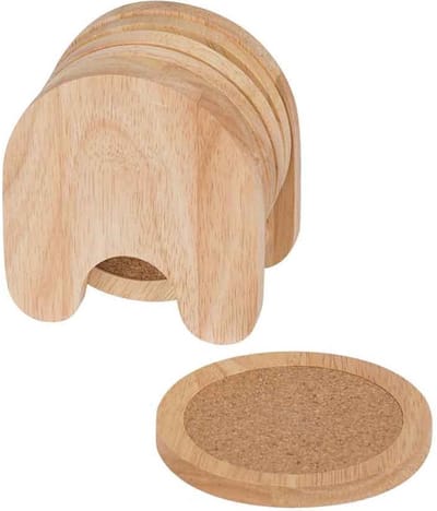 Cosy & Trendy Glazen onderzetters - 5x stuks - bruin - hout/kurk - Dia 10 cm - In houten houder