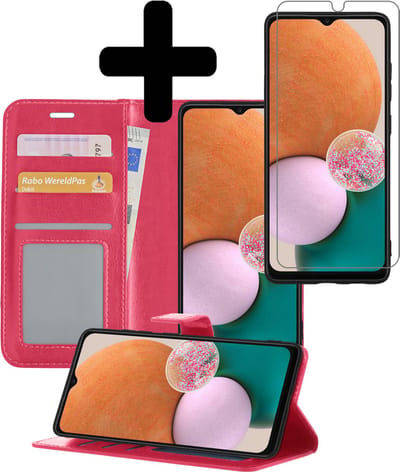 Hoesje - Met Screenprotector - Geschikt voor Samsung Galaxy A13 5G - Luxe Pasjeshouder - Bookcase Portemonee - Flip Case - Kunstleer Book Case - Flipcase - Book Cover - Walletcase - Portemonneehoes - Telefoonhoesjes - Donkerroze