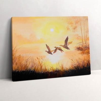 Wallfluent Foto Op Canvas Kranen bij zonsondergang - 80 x 60 cm - Beige Schilderij Canvas - Vogels Canvas Foto - Natuur Print Op Doek - Vogels Schilderijen Op Canvas Doek