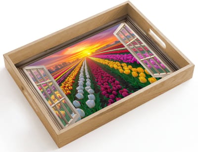Dienblad hout 40x30 cm - Schootdienblad - Doorkijk - Bloemen - Tulpen - Kleurrijk - Zonsondergang - Borrelplank rechthoek - Plateau dienbladen