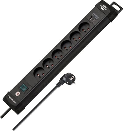 Brennenstuhl Premium-Line Stekkerdoos 6-voudig (verdeeldoos penaarde met 3m kabel en schakelaar, met ophanginrichting, 2-voudige USB 3.1 A, monteerbaar, Made in Germany)