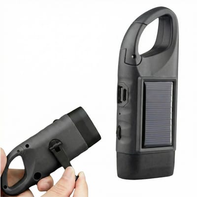 JustValue Opwindbare Zaklamp - Powerbank Functie - 600 mAh - Militaire zaklamp - LED Knijpkat - Noodverlichting - Dynamo - Zonne-energie - Solar - Zwart