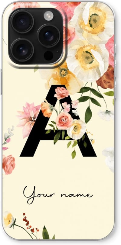 Gepersonaliseerd - Case Company® - Hoesje geschikt voor iPhone 16 Pro Max hoesje - Flirty Flowers Monogram - Soft Cover Telefoonhoesje - Bescherming aan alle Kanten en Schermrand