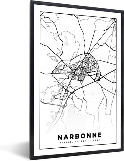 Fotolijst incl. Poster Zwart Wit- Plattegrond - Narbonne - Kaart - Frankrijk - Stadskaart - Zwart wit - 40x60 cm - Posterlijst