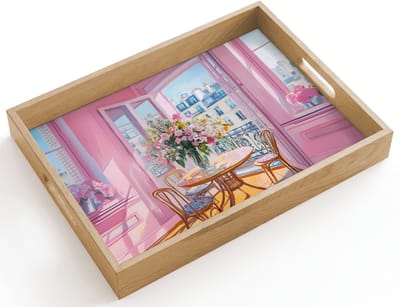 Dienblad hout 40x30 cm - Schootdienblad - Pink - City - Bloemen - Borrelplank rechthoek - Plateau dienbladen