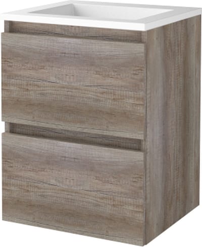 Basic Start 46 badmeubelset met greeploze wastafelonderkast met 2 lades en acryl wastafel zonder kraangaten 50 x 46 cm, scotch oak