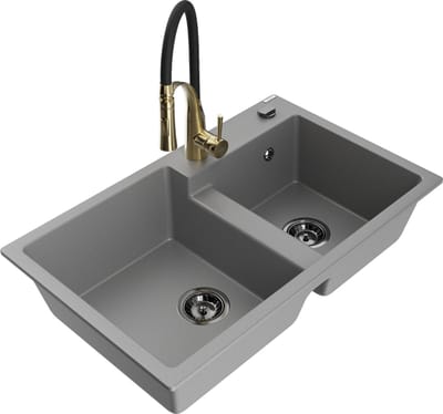 Mexen Tomas granieten gootsteen 2-kamer met keukenkraan Aster, grijs - 6516-71-73450-57-B