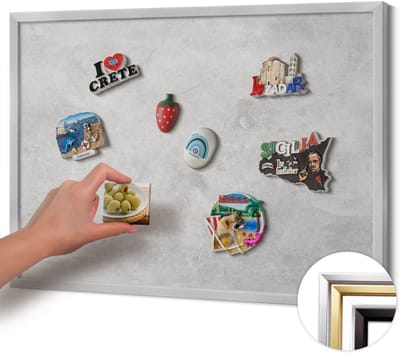 Wallfluent - Grijs Magneetbord Met Decoratieve Patronen - 70 cm x 50 cm - Magneetbord met Zilveren Frame - Betonnen muurtextuur - Magneetbord voor Foto's en Notities - Magnetisch Bord Foto Bevestiging - Magneetbord voor Reissouvenirs