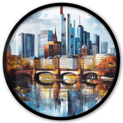 Poster in lijst Rond - Fotolijst 40x40 cm - Posters - Bomen Frankfurt- Stad - Skyline - Brug - Ronde posterlijst zwart - Decoratie - Wanddecoratie woonkamer - Muurdecoratie slaapkamer