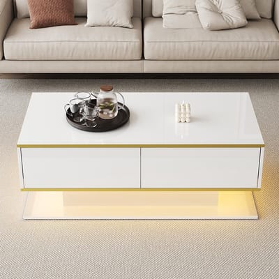 BLACKCOLORS Moderne glanzende LED-salontafel, 100 cm lang, gouden versieringen, 3 lades en USB-ledstrip (adapter/externe batterij vereist)
