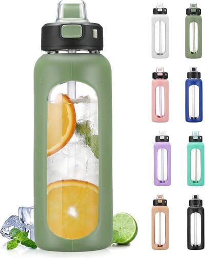 Glazen waterfles van 700 ml met handgreep en siliconen rietje met tijdmarkering, motiverende waterfles voor sporten in de buitenlucht, luchtdicht