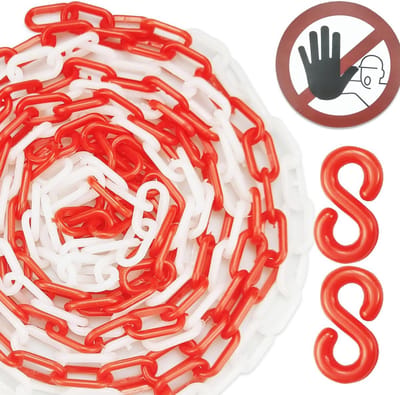 Duurzame rode en witte plastic ketting van 5 meter met 2 waterdichte "geen toegang" waarschuwingsstickers en S-haak voor veilige afzetting