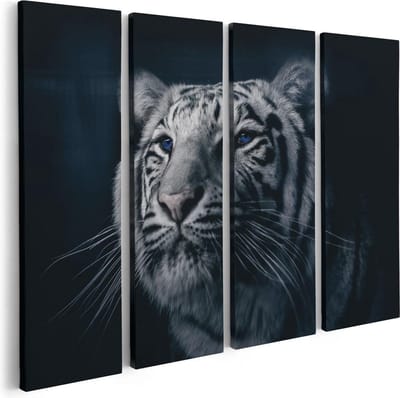 Artaza Canvas Schilderij Vierluik Tijgerkop Met Blauwe Ogen - Zwart Wit - 80x60 - Foto Op Canvas - Canvas Print