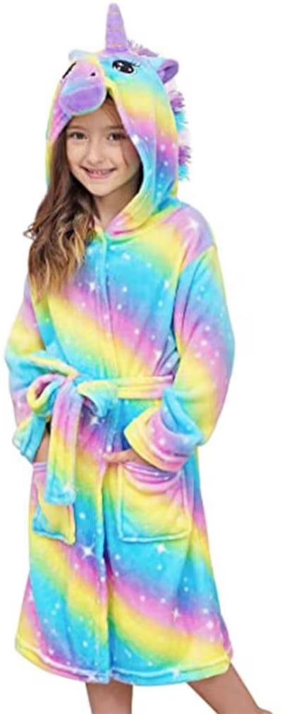 Meisjes Badjas Unicorn - Regenboog - Geel Blauw Roze - Maat 104/110 - Ochtendjas - Kinderbadjas - Na douchen en zwemmen