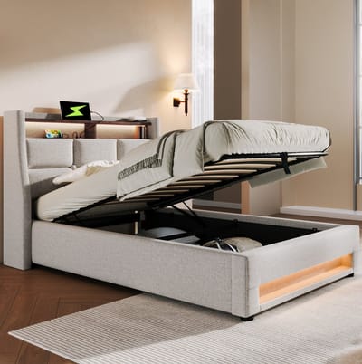 MEUNIQ eenpersoons bed 90x200 cm met LED, 2 USB-poorten, opbergruimte en lattenbodem, gestoffeerd bedframe voor slaapkamer, beige