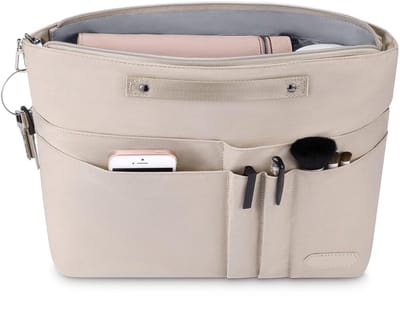 Handtas Organizer – Beige Nylon Inzet met 15 Vakken, Rits & Sleutelhanger – Lichtgewicht Waterdichte Binnenvoering – Geschikt voor Longchamp, Tote Bags, Make-up & Reizen