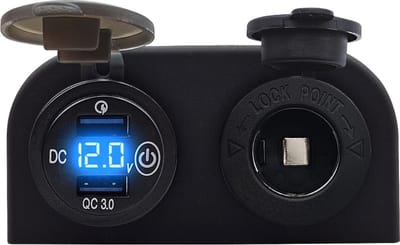 ProRide 12V USB Autolader 2 Poorten Opbouw met Schakelaar en Voltmeter - QC3.0 - met 12/24V Sigaretten stopcontact - Blauw
