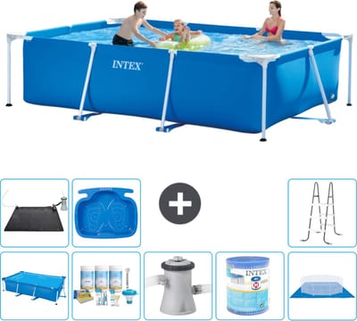 Intex Rechthoekig Frame Zwembad - 300 x 200 x 75 cm - Blauw - Inclusief Solarzeil - Onderhoudspakket - Zwembadfilterpomp - Filter - Grondzeil - Solar Mat - Ladder - Voetenbad - 9-delig