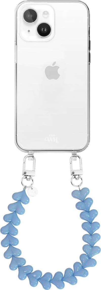 xoxo Wildhearts siliconen hoesje - Geschikt voor iPhone 15 Plus hoesje - Funky Hearts - Telefoonhoesje - Hoesje met koord - Lichtblauw koord - kort telefoonkoord - Hartjes ketting - Transparant hoesje