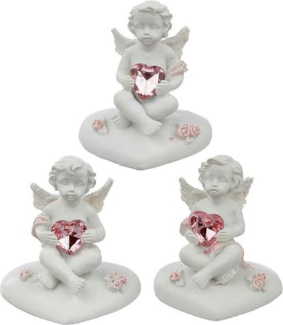 Puckator  set van 3 Cherubijntjes  met glinsterend roze hart in  de handjes  zittend op een wit hart met enkele roze roosjes   : Peace of Heaven Heart of The Rose 5x4.5x3.5cm