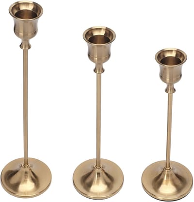 Kandelaar Set 3 Stuks Antiek Goud Vintage – Metalen Kaarsenhouder Stabkaarsen 16.5/18.5/21.5cm – Tafeldecoratie Bruiloft Romantisch Diner Valentijn – Verjaardag Kerstmis Woonkamer – Kandelaars Messing Decoratie Centerpiece Cadeau