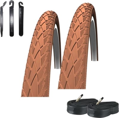 Twee Fietsbanden 28 Inch 42-622 Bruin met Reflectie + Binnenbanden en Bandenlichters