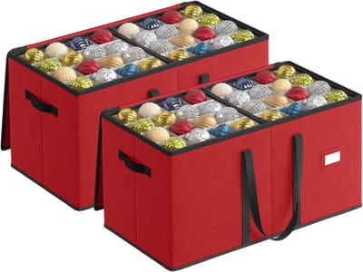 Famanu - Kerstversieringsdoos, set van 2, met deksel, dubbele rits, 16 lades, 600D Oxford-stof, 256 compartimenten (elk 7,6 cm), kersenrood