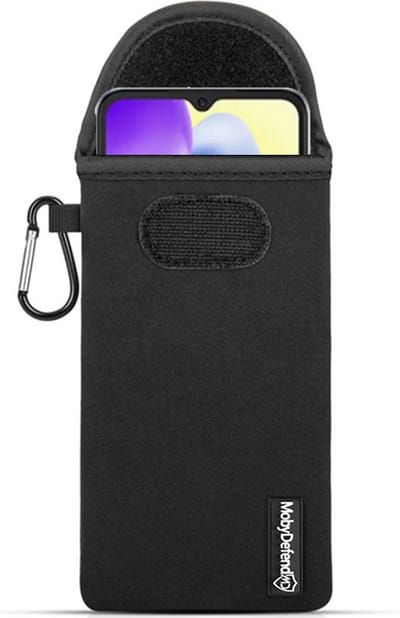 MobyDefend Hoesje - Geschikt voor Xiaomi Redmi 10A - Neopreen Pouch Met Karabijnhaak - Insteek - Riemlus - Zwart