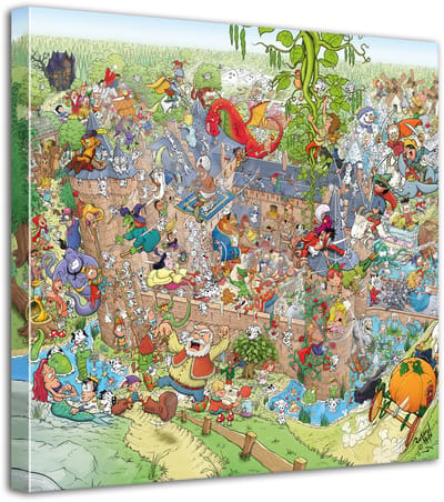 Zoekplaat 50 Sprookjes en 101 Dalmatiërs - Roland Hols - Unieke cartoon op canvas - 40 x 40 cm - Houten frame 4 cm dik