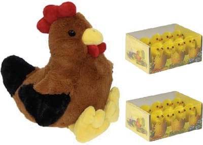 Decoris Pluche bruine kippen knuffel - 25 cm - met 16x stuks mini kuikentjes 3 cm - Paas/pasen decoratie