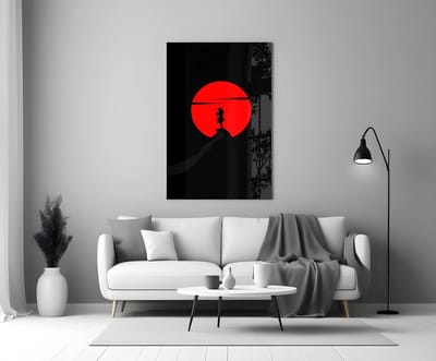 Glasschilderij Samurai – Japanse Wanddecoratie – Rode Zon – Minimalistisch Design - 90 x 60 cm