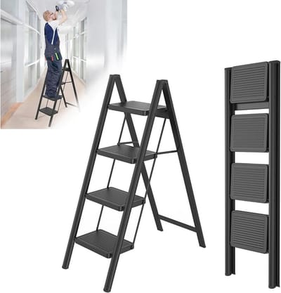 Verte Huishoudtrap 4 Treden - Trapladder - 4 Treden - Opvouwbaar - Antislip Ijzeren Veiligheidsladder - Multifunctionele Ladder - Opstapje voor Thuis - Keuken en Buiten - Maximaal Draagvermogen 250 kg - Zwart