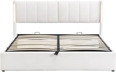 Gotagee Gestoffeerd bed 140 x 190 cm, hydraulisch bed, oplaadbare USB-poort in het bed, met LED-verlichting, met opbergruimte, verstelbaar hoofdeinde, PU, wit