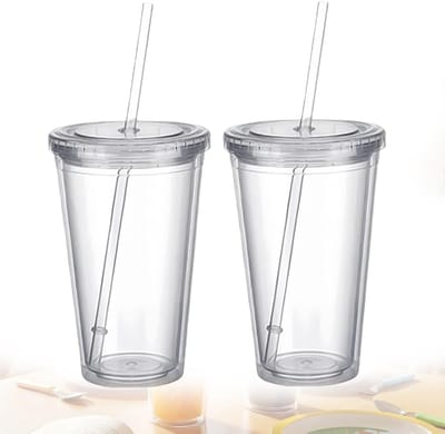 Plastic met rietje en deksel, 450 ml, transparant, dubbelwandig, kunststof beker, herbruikbare beker, transparante drinkbeker voor vruchtensap, smoothie, sap, koffie