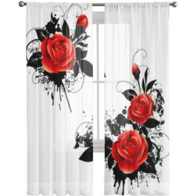 Rode en zwarte rozenbloemen doorschijnende gordijnen voor woonkamer slaapkamer tule gordijnen keuken raamdecoraties paneelgordijnen 135W x 114H(cm)