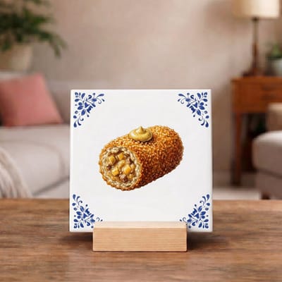 Delftsblauw Tegeltje 11x11 Kroket met Mosterd – Keuken Decoratie en Foodie Cadeau