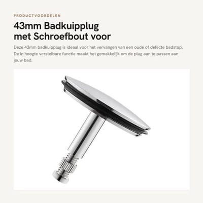 Badkuipplug 43mm - In hoogte verstelbare badstop - Badafvoerstop fitting - Verchroomd koper - Rubber afdichtring - Schroefbout bevestiging - Badafvoerplug