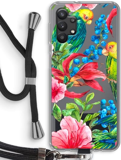Case Company® - Hoesje met koord geschikt voor Samsung Galaxy A32 5G hoesje met Koord - Papegaaien - Telefoonhoesje met Zwart Koord - Bescherming aan alle Kanten en Over de Schermrand
