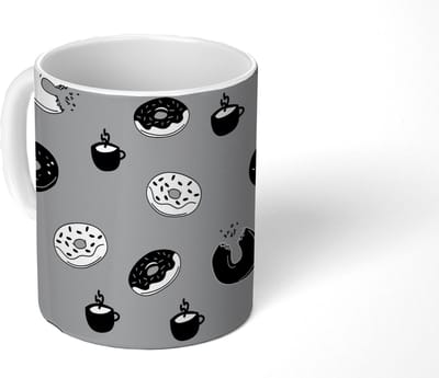 Mok - Koffiemok - Donut - Patronen - Koffie - Zwart Wit - Mokken - 350 ML - Beker - Koffiemokken - Theemok
