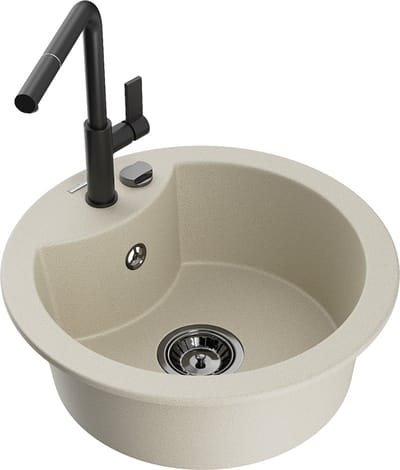 Mexen Diego granieten gootsteen 1-kompartment met keukenkraan Flora, beige - 6512-69-670401-70-B