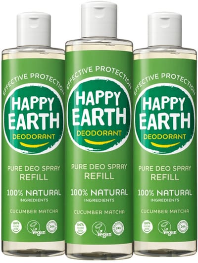 Happy Earth 100% Natuurlijke Deo Spray Navulling Cucumber Matcha - 3 x 300 ml - Voordeelverpakking