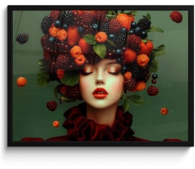 Poster in lijst - Fotolijst 70x50 cm - Posters - Vrouw - Aardbeien - Frambozen - Bramen - Bessen - Posterlijst zwart - Decoratie - Wanddecoratie woonkamer - Muurdecoratie slaapkamer