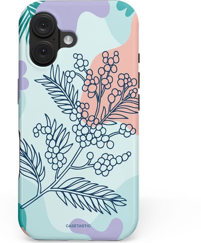 Casetastic hoesje geschikt voor Apple iPhone 16 - MagSafe - Dubbellaagse bescherming - Aquarel Bladeren - Fashion Case - Lichtgrijs Turquoise Perzik Lila