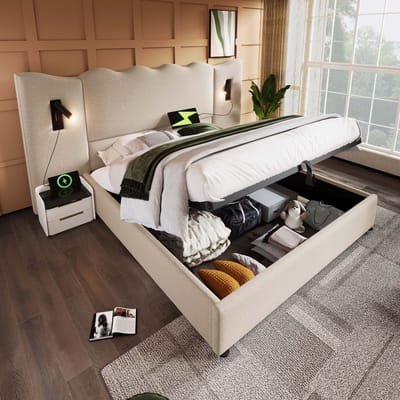 MODFU Bedframe 160x200 cm – Linnen beige – Met leeslamp, USB/Type-C & hydraulische opbergruimte