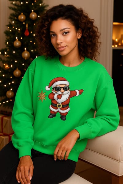 La Booty Kersttrui Dames- Mosgroen- Oversized- Zachte Sweat stof- Dabbing Santa Print- Comfortabele Pasvorm-maat S/M