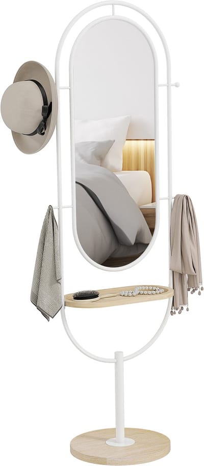 ECTEATOY® Staande Spiegel - Passpiegel 175,5x50 cm - Ovale Vloerspiegel met Houten Plateau, 4 Haken en Metalen Frame - Slaapkamer - Woonkamer - Wit