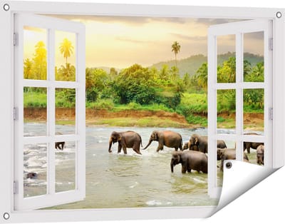 Gards Tuinposter Doorkijk Kudde Olifanten in het Water - 90x60 cm - Tuindoek - Tuindecoratie - Wanddecoratie buiten - Tuinschilderij